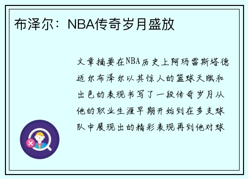 布泽尔：NBA传奇岁月盛放